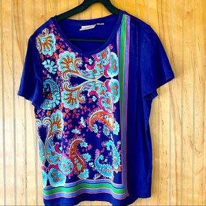 Maeve/ Anthropologie Purple Knit T-Shirt with Paisley Rayon Front